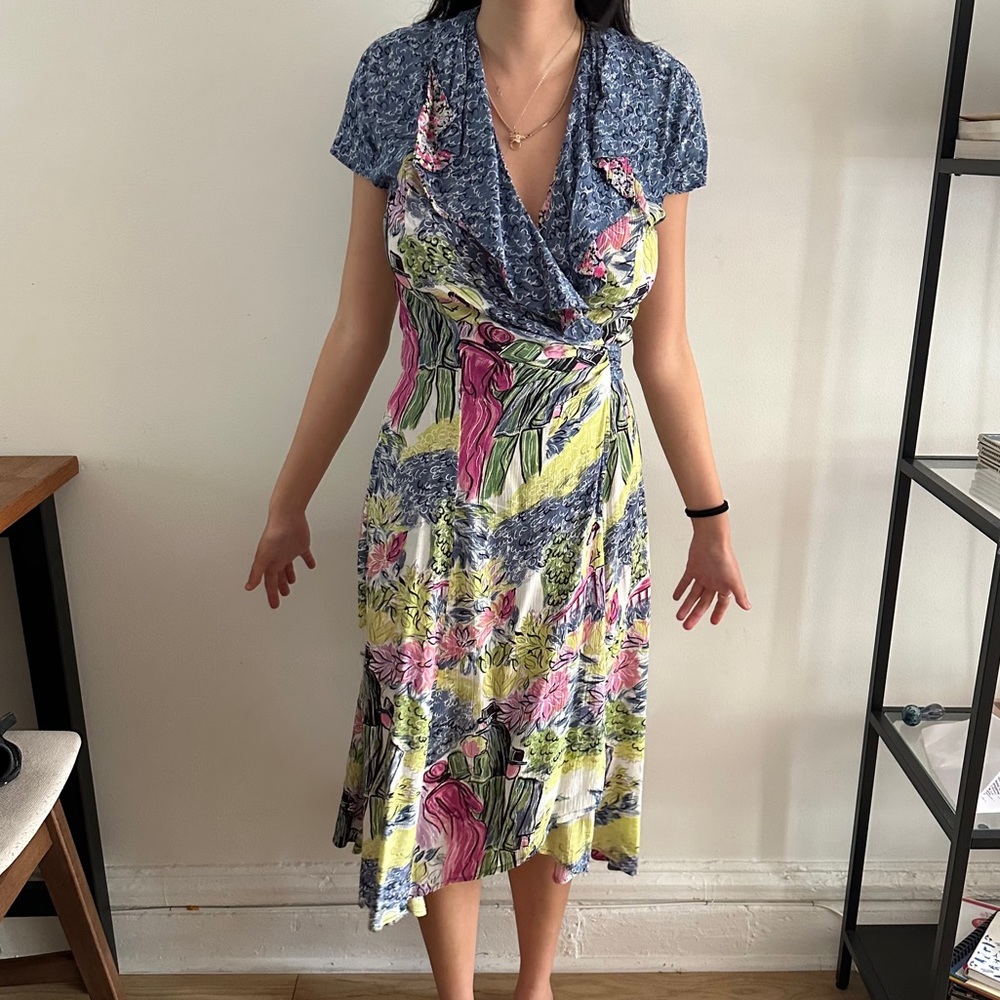 Vintage printed wrap midi dress